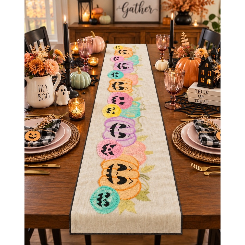 Max Studio Home Textured Halloween Table Runner Colorful Pumpkins Decor NWOT